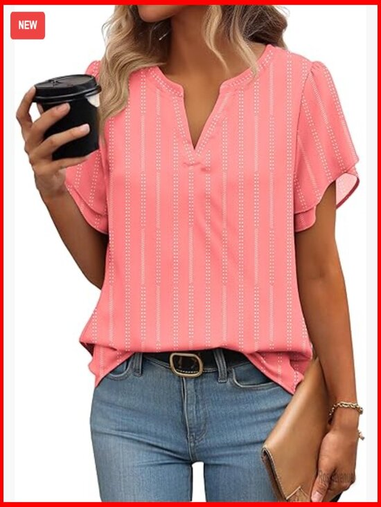 Tops - Womens Dressy Casual Blouse Short Sleeve V Neck Work Top Flowy Chiffon Shirt